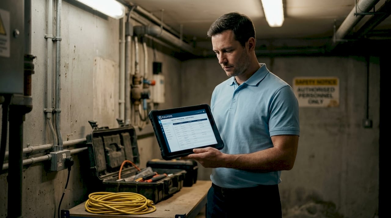 Technician checks tablet for IoT sensor alerts