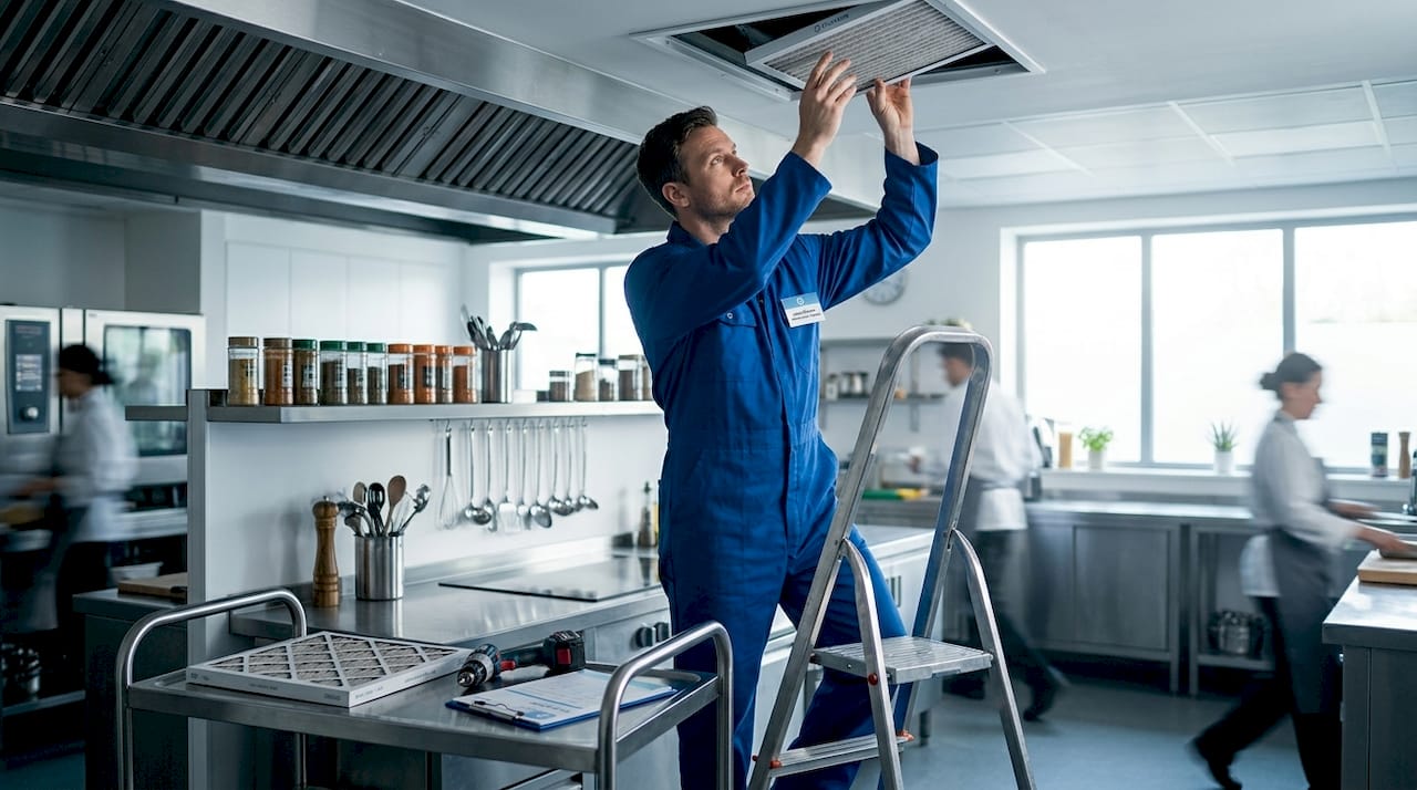 HVAC technician performing quarterly air filter change