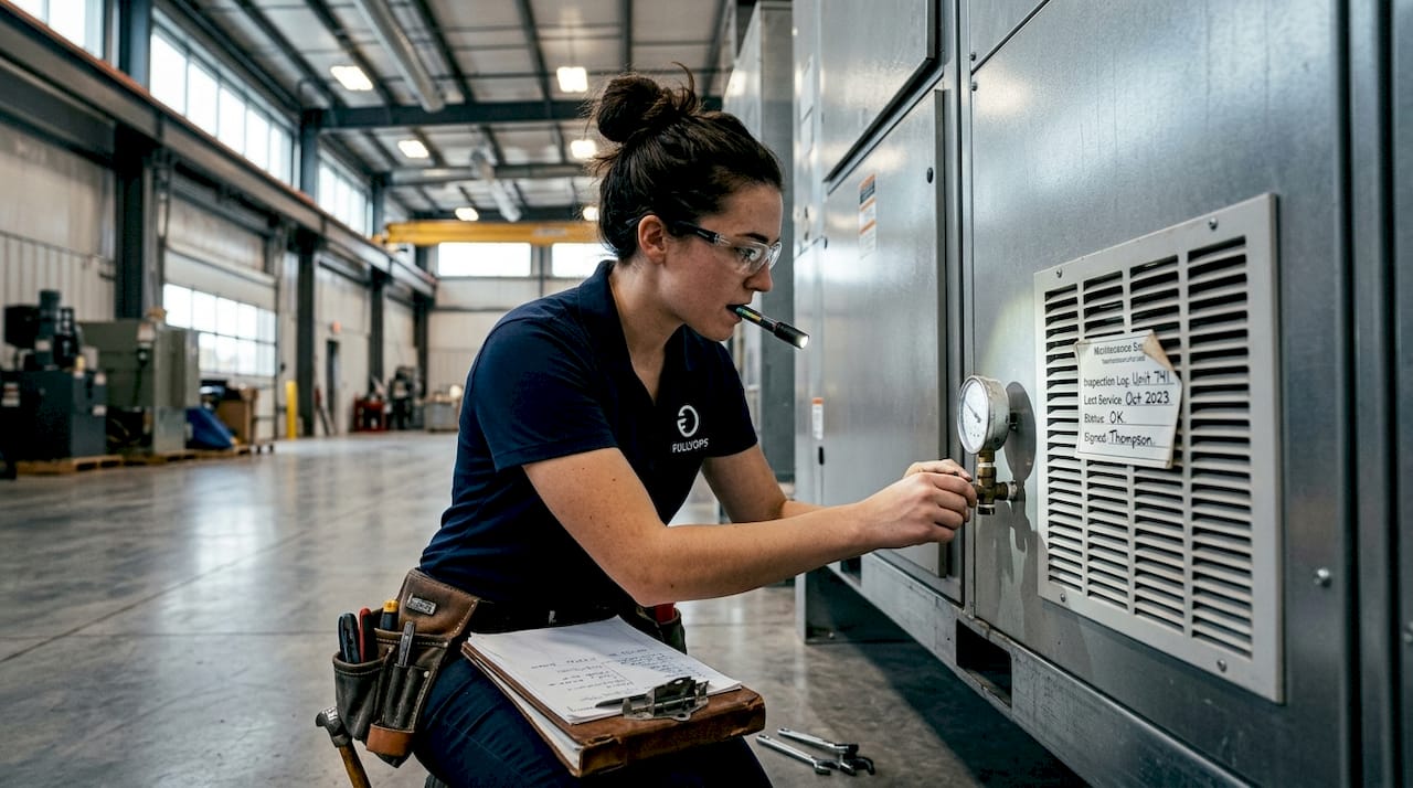 Technician inspecting equipment for safety in facility