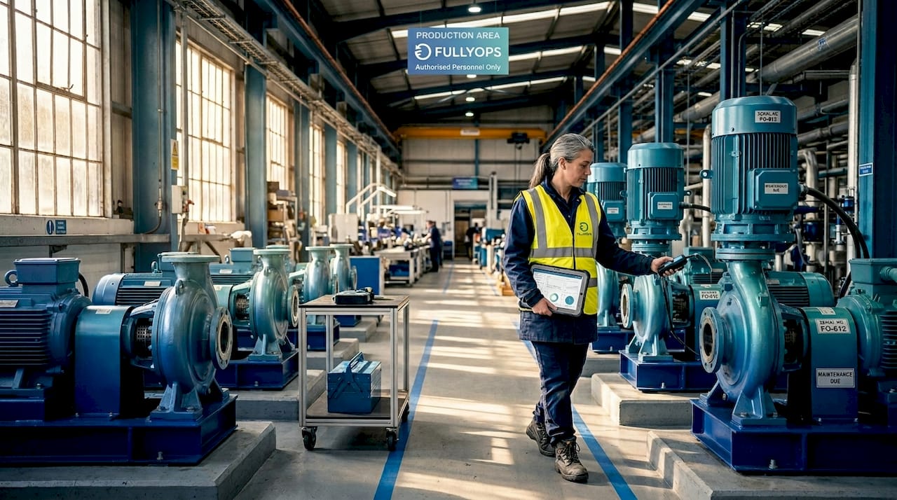 Technician inspecting sensors on factory floor