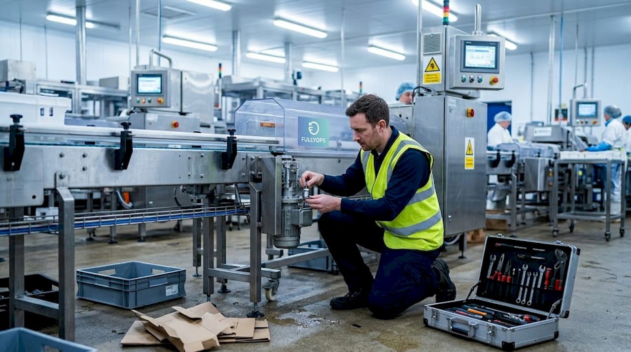 Engineer fitting vibration sensor on conveyor