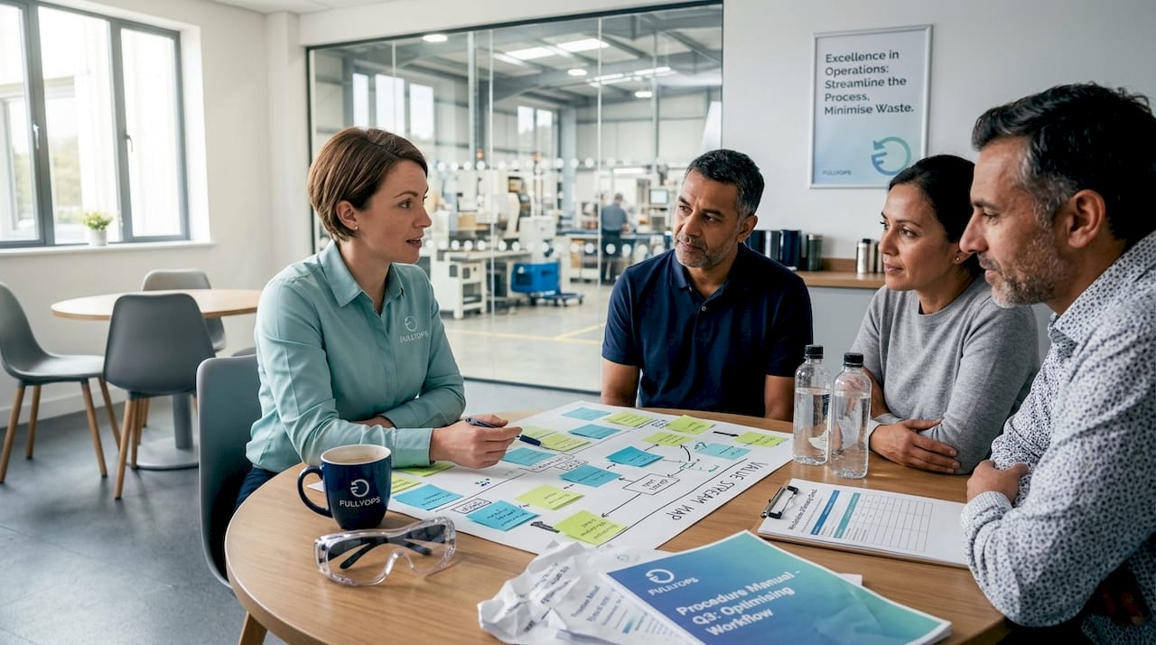 Supervisor and team reviewing value stream map