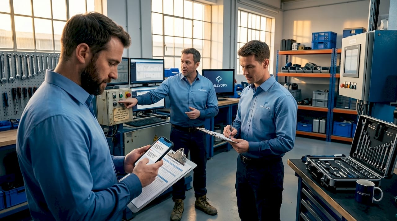 Technicians reviewing equipment alerts together