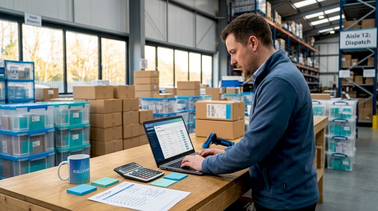Warehouse manager updating replenishment on laptop