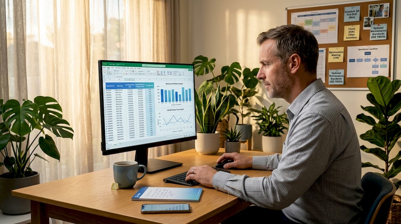 Maintenance leader analyzing baseline data spreadsheet