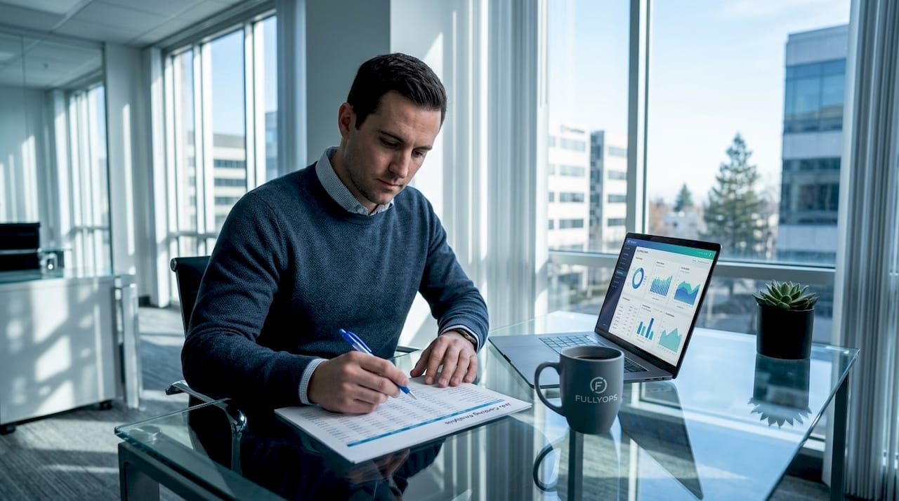 Operations manager reviewing technician hours spreadsheet