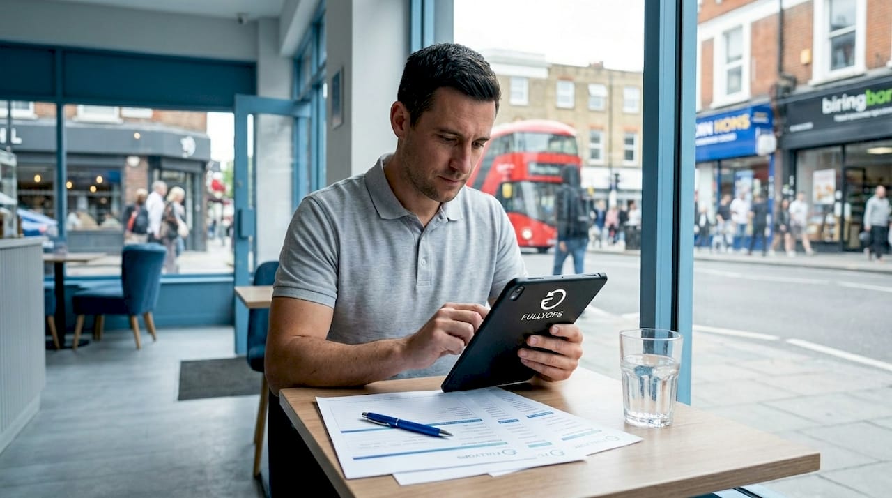 Field technician using tablet for report automation
