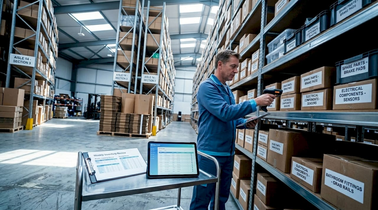 Inventory manager scanning spare parts in warehouse