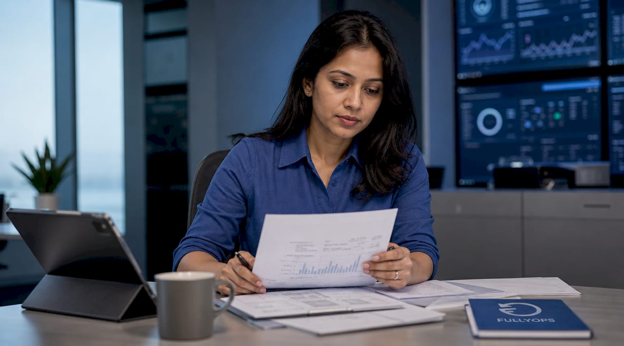 Woman reviewing operational analytics documents in office