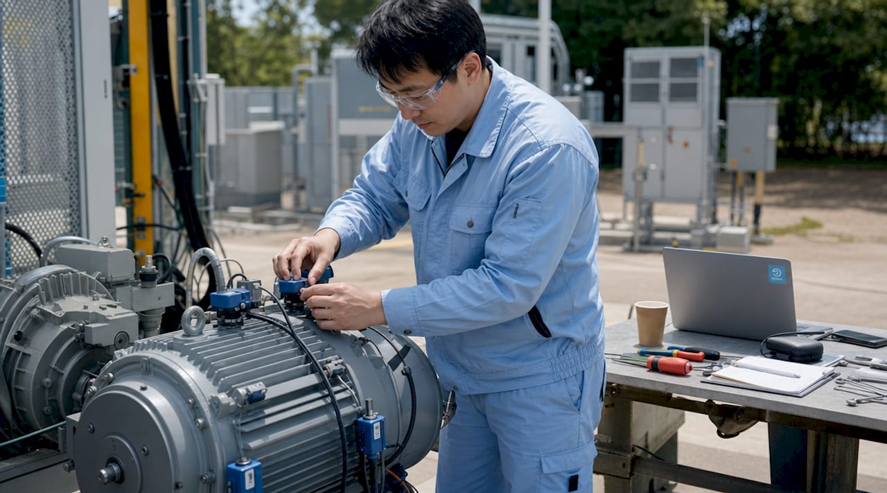 Engineer adjusting sensors for machine monitoring