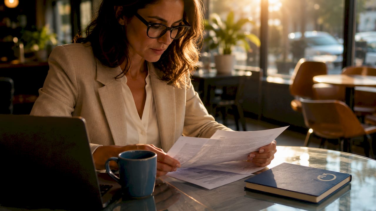 Professional reviewing compliance documents at desk