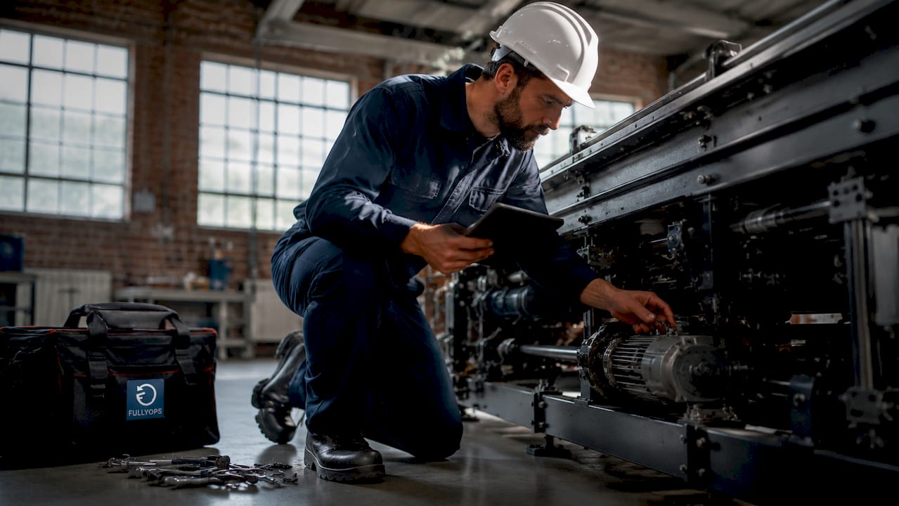 Technician repairing equipment on factory floor