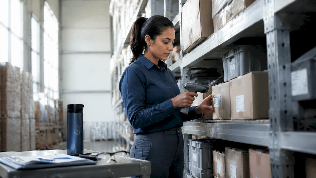 Warehouse worker scanning inventory with handheld device