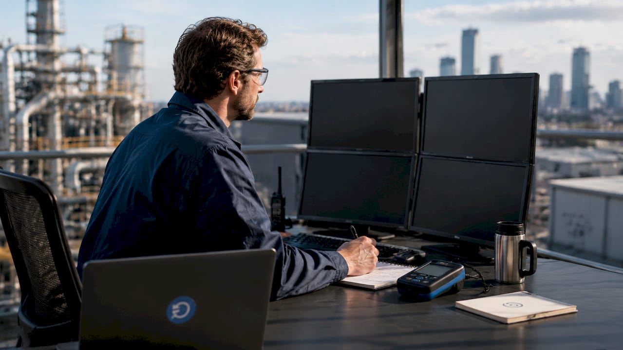 Engineer reviewing equipment sensor data screens