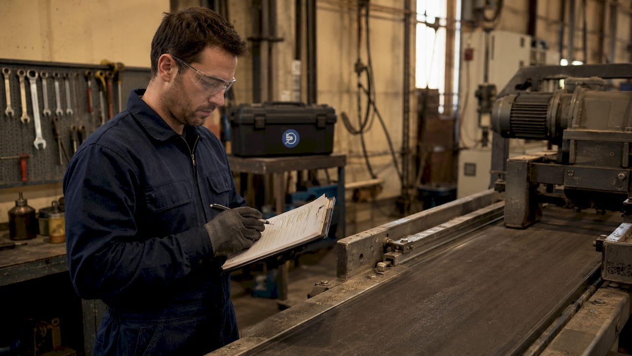 Technician auditing equipment with checklist