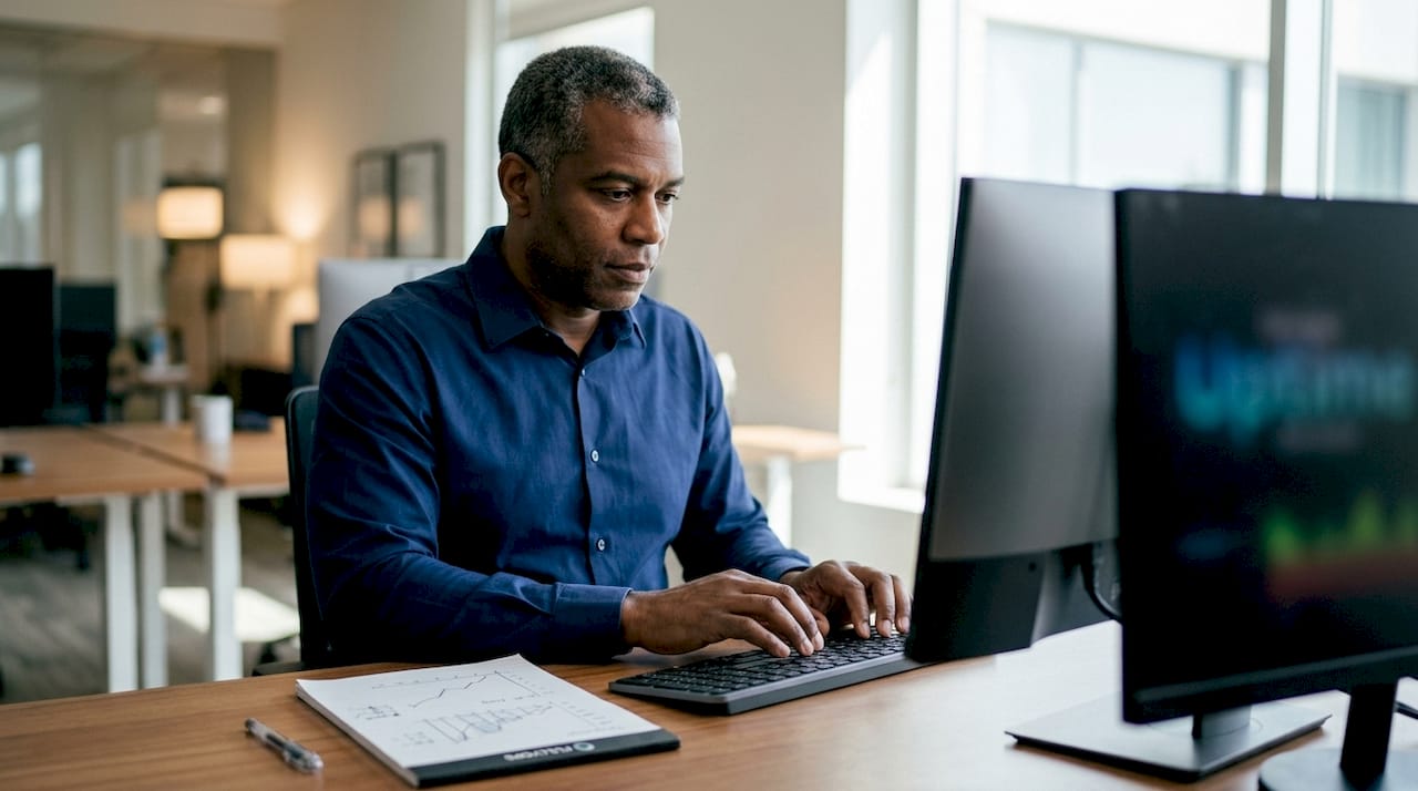 Analyst typing at workstation with monitors