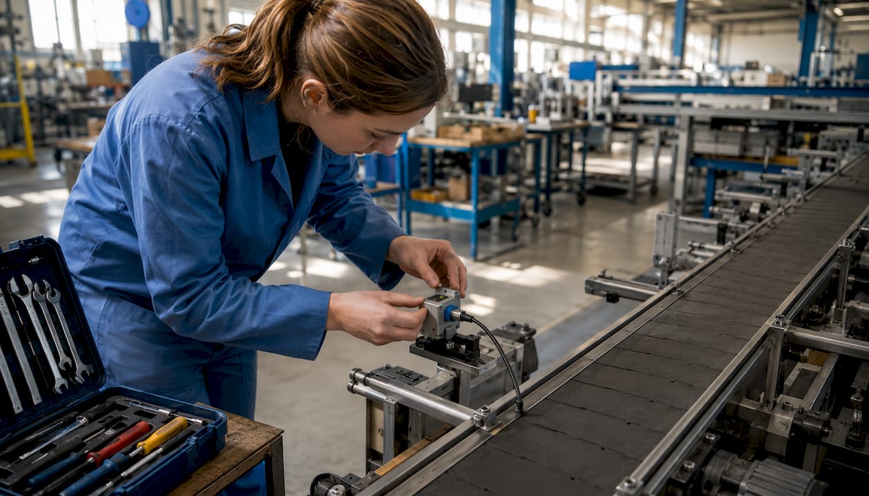 Technician adjusting IoT sensor on factory conveyor belt