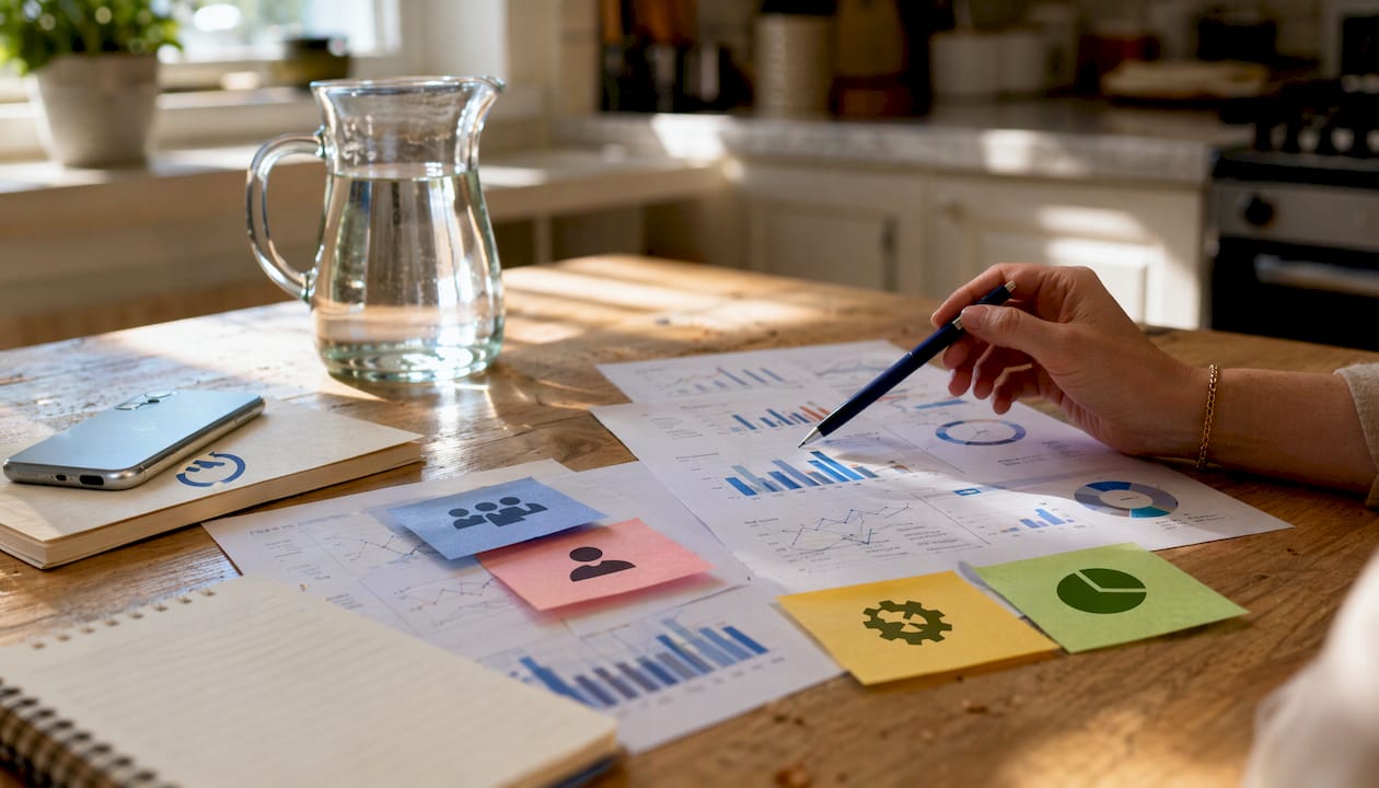 Overhead view of benchmarking type charts and notes