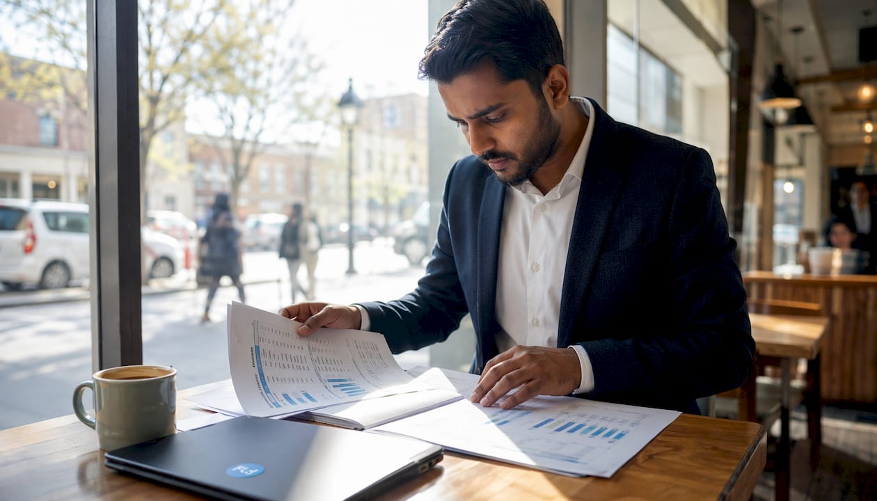 Business manager reviewing financial inventory reports