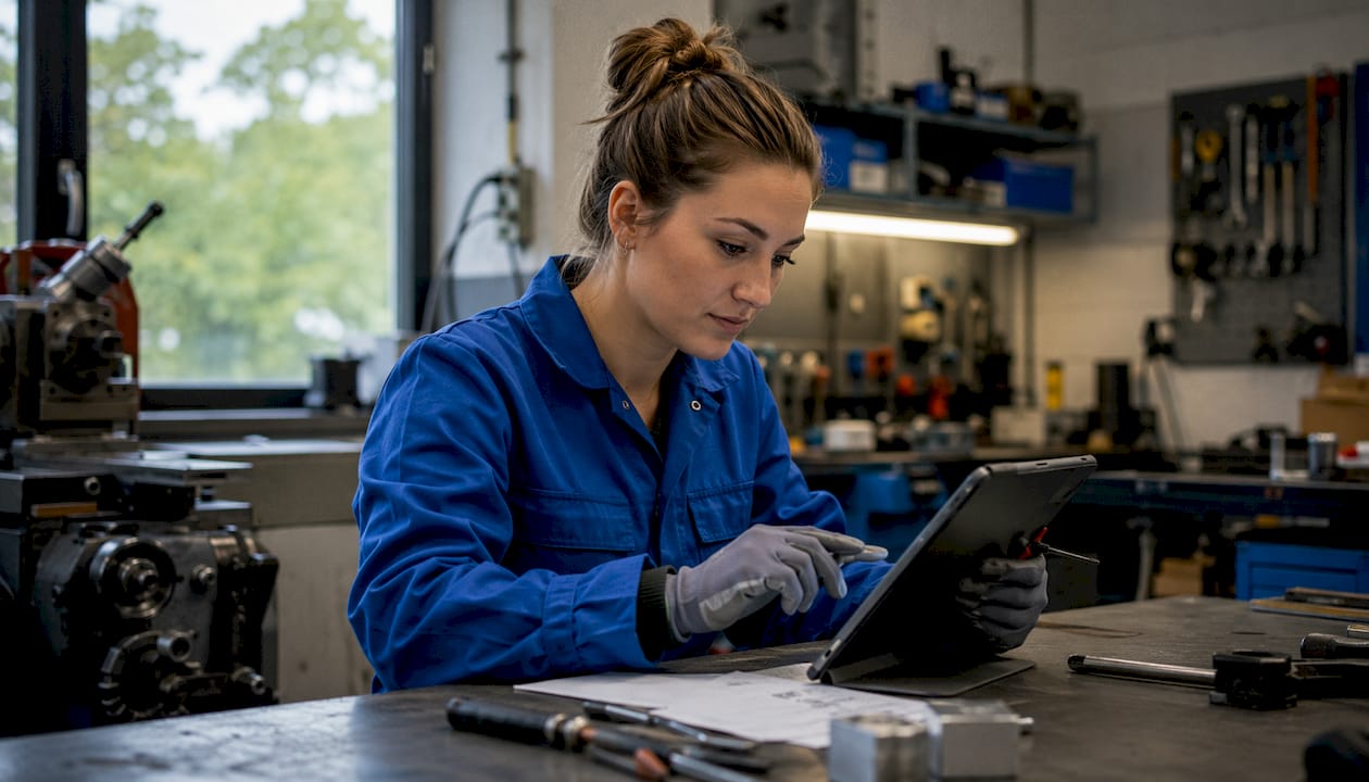 Technician operating CAFM tablet in maintenance room
