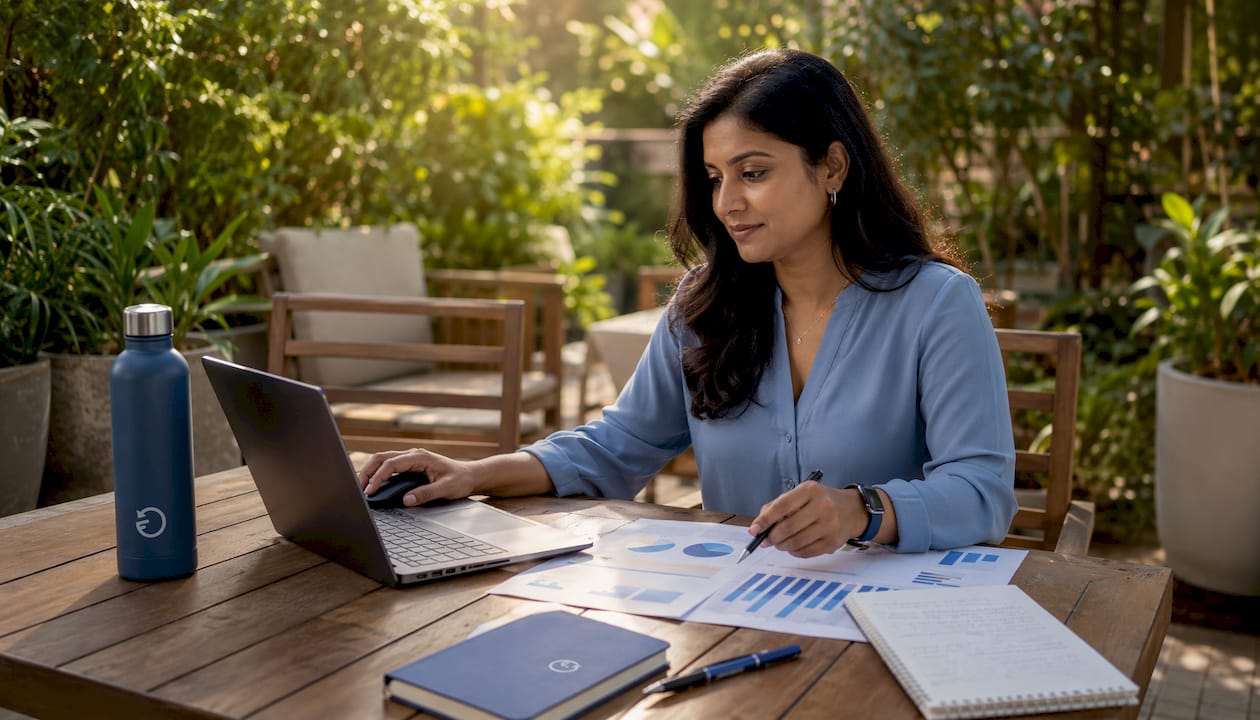 Analyst reviewing facility management reports at desk