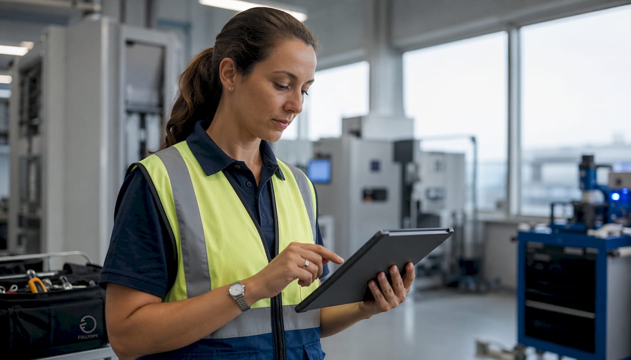 Technician interacting with energy monitoring tablet