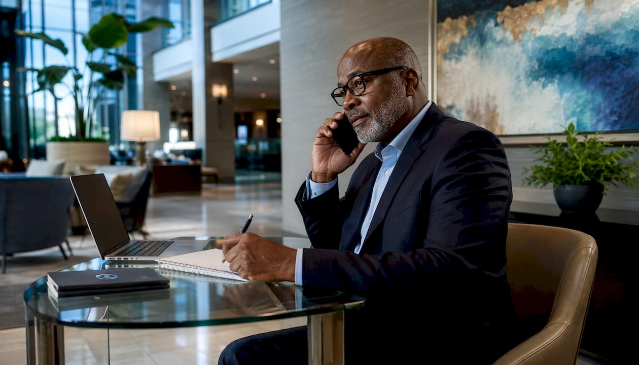 Hotel owner on call discussing asset management