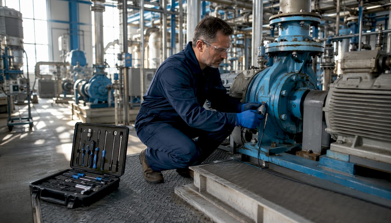 Technician installing sensor on factory pump