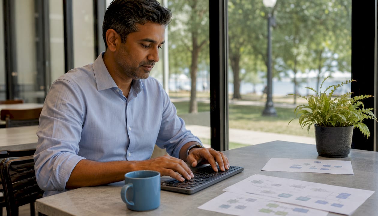 Hands typing near asset management documents