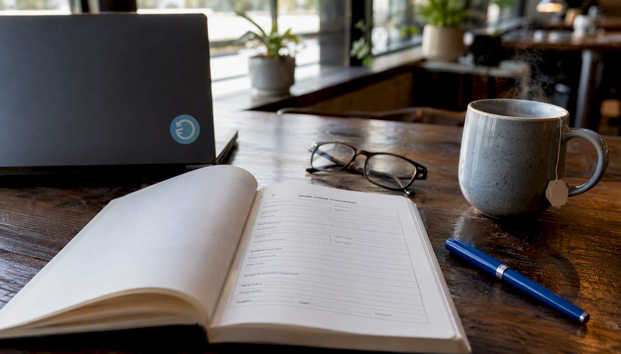 Work order book with pen and eyeglasses overhead