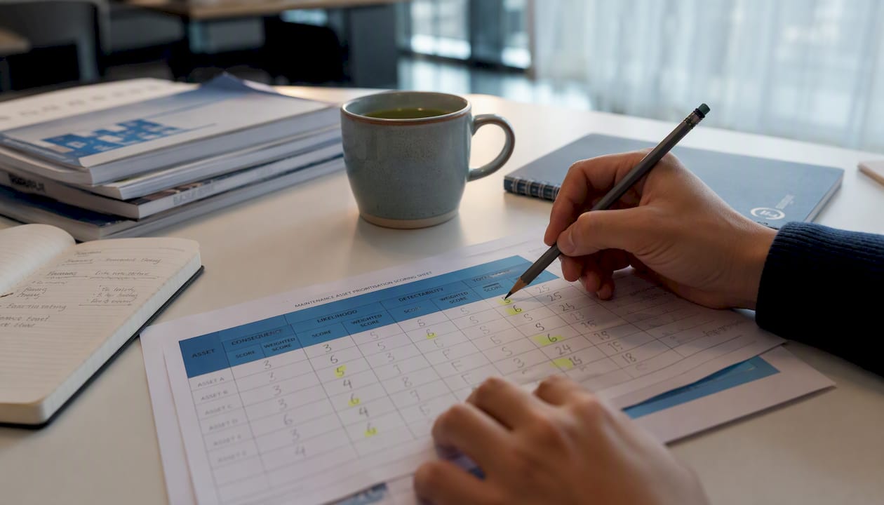 Hands marking maintenance prioritisation scoring sheet