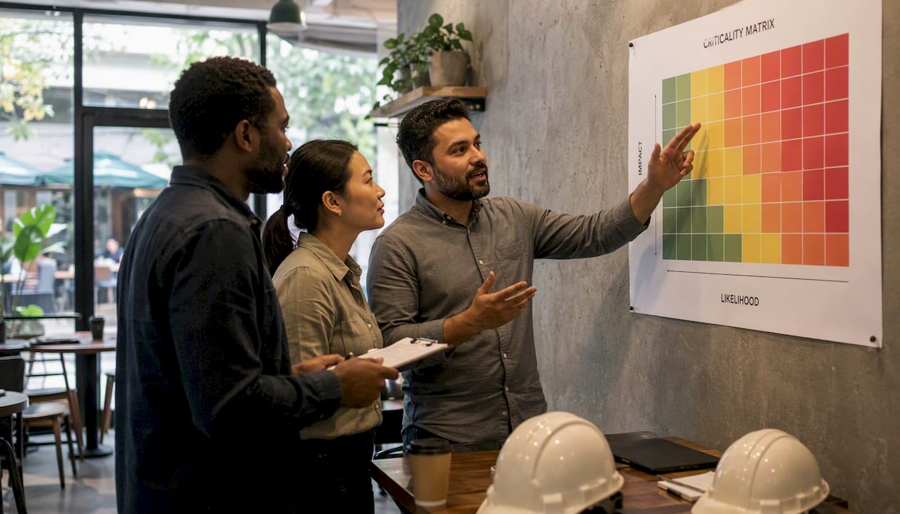 Supervisors discussing criticality matrix on factory wall