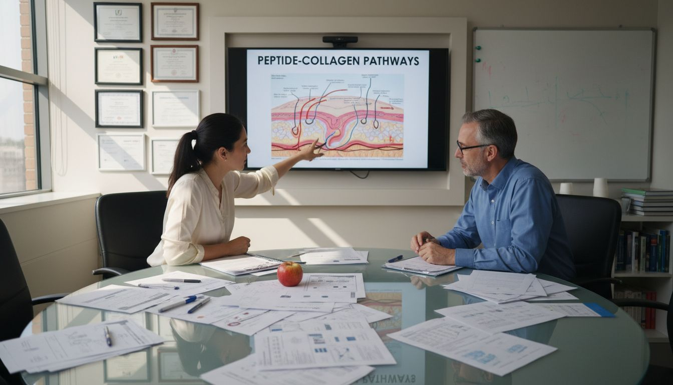 Researchers discussing collagen peptide studies