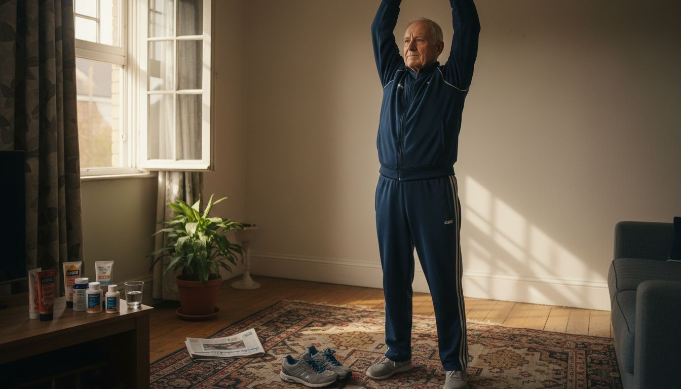 Older man stretching in relaxed living room