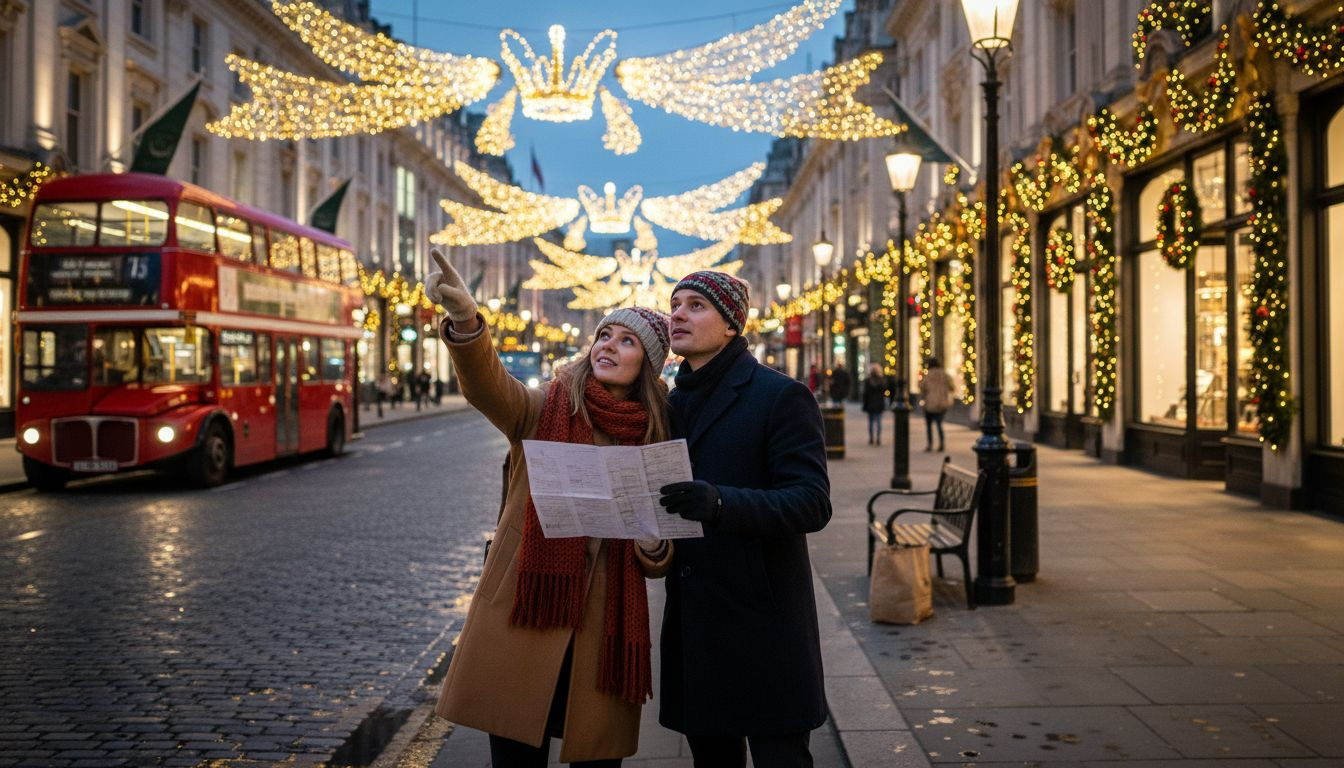 Couple on London street with Christmas lights