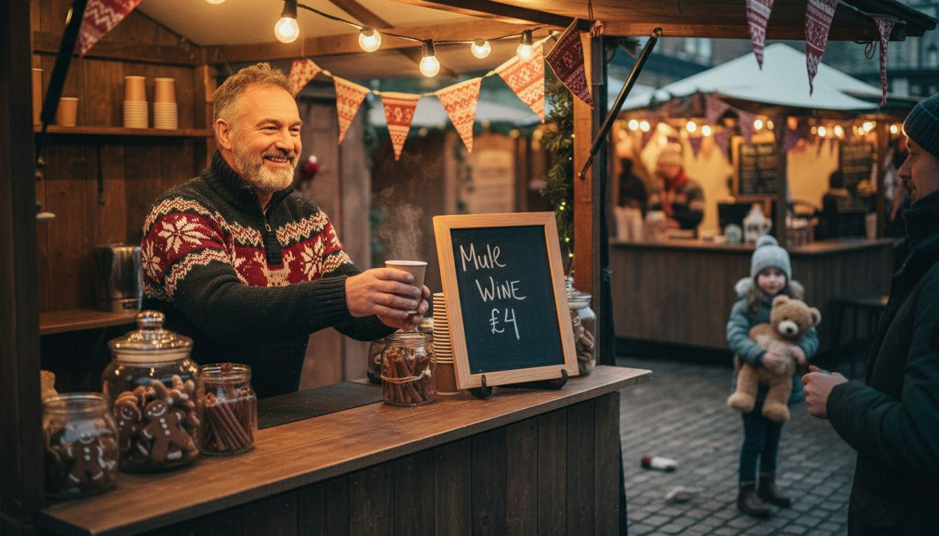 Vendor serving mulled wine at Christmas market