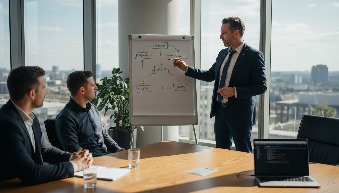 Consultant briefing integrators in glass-walled office