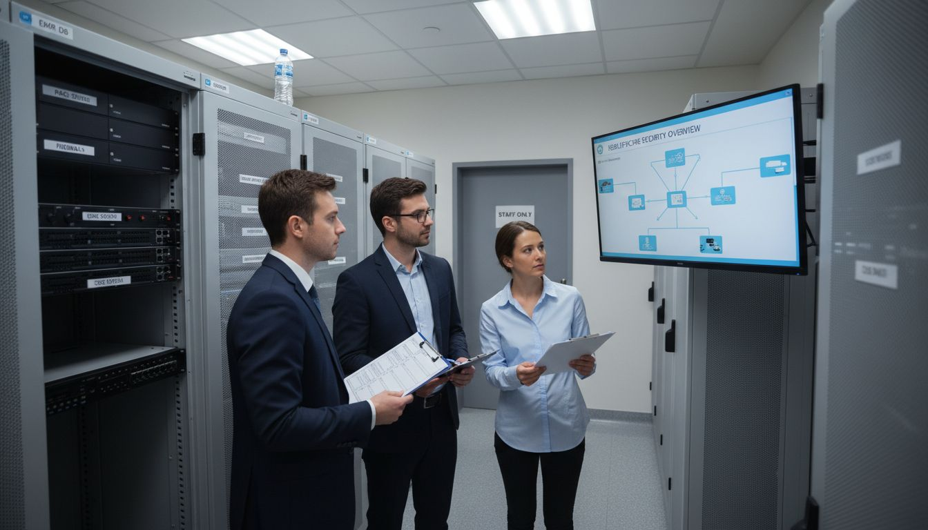 IT team reviewing cybersecurity in hospital server room