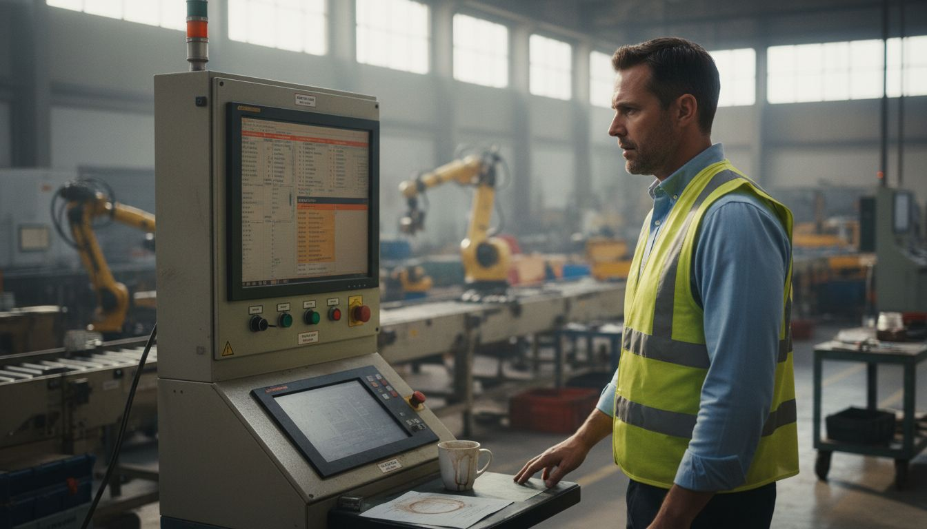 Plant manager watching cybersecurity monitor on factory floor