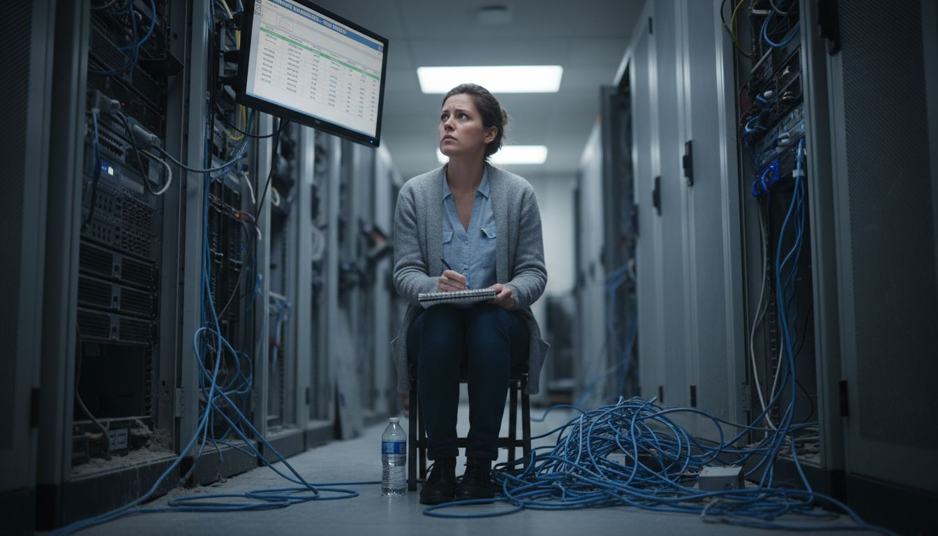 Engineer reviewing penetration test results in server room