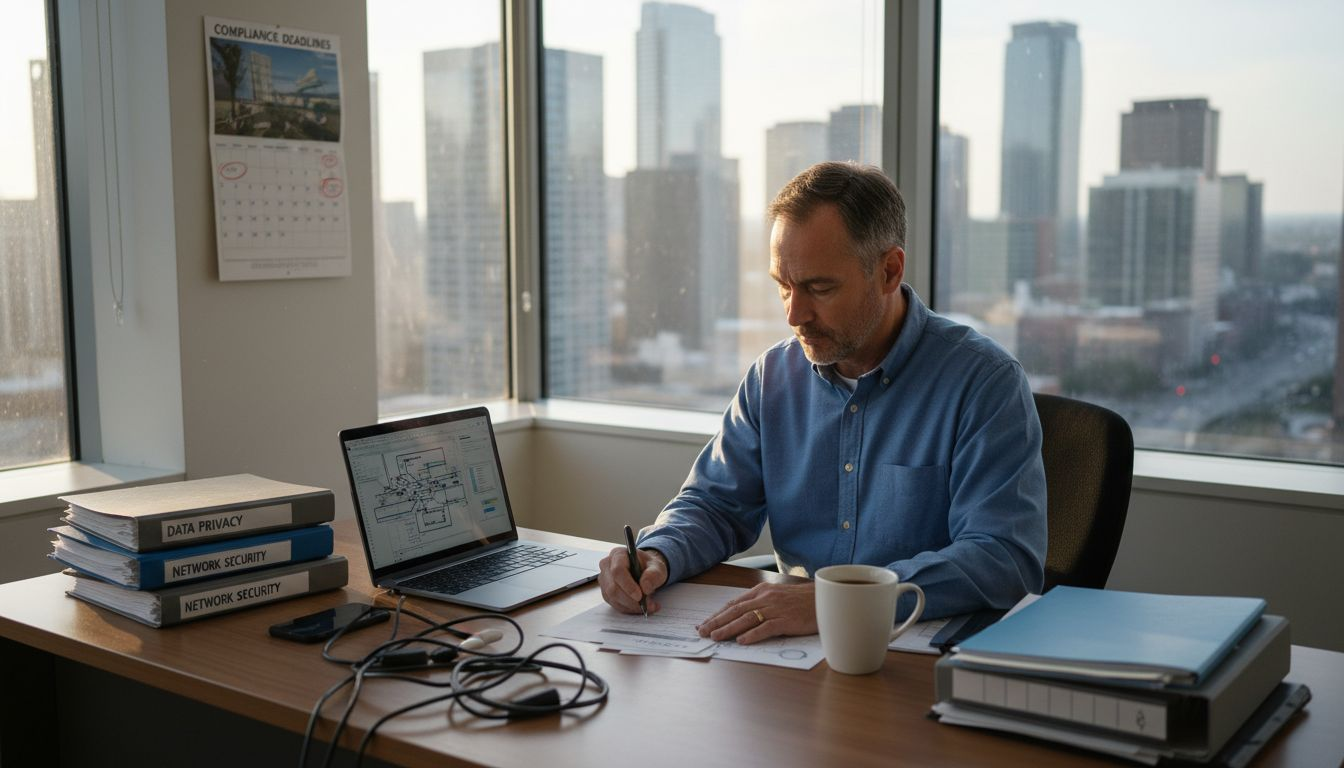 IT manager reviewing cybersecurity compliance checklist