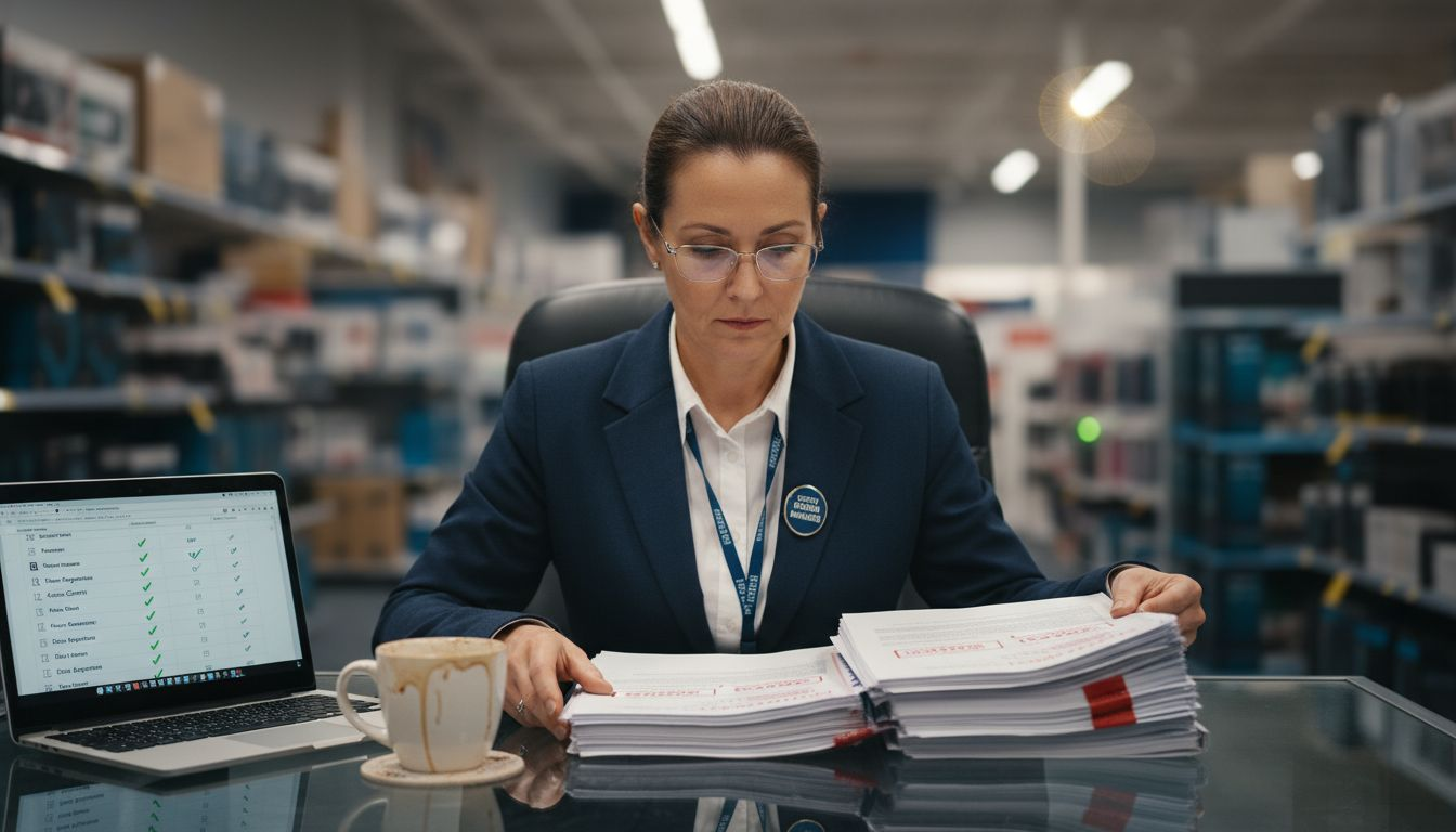 Security manager reviewing compliance paperwork