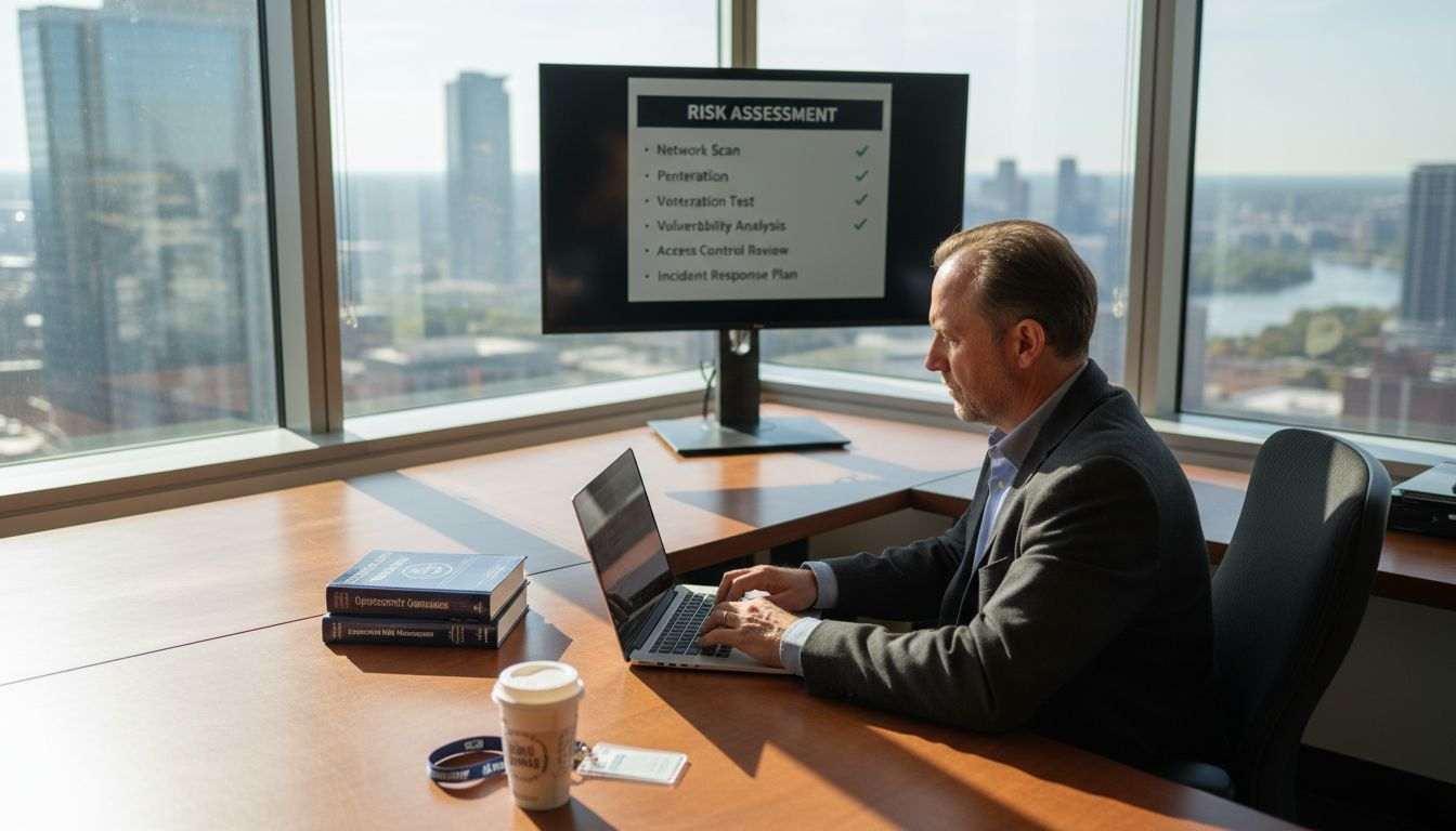 Security consultant working in corner office