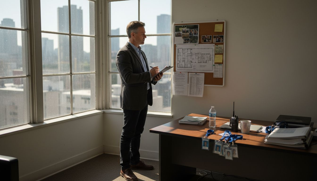 Security consultant reviewing building floor plan
