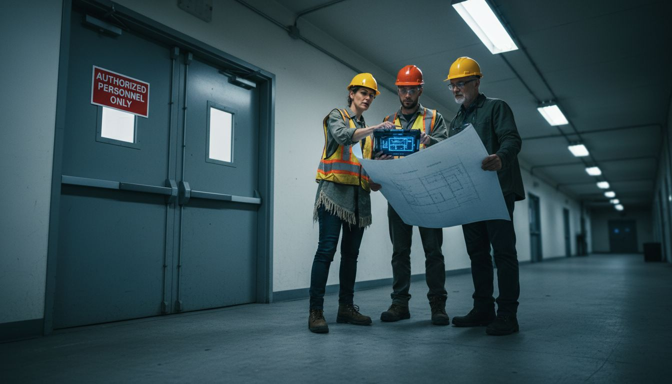 Risk assessment team inspecting facility entrance