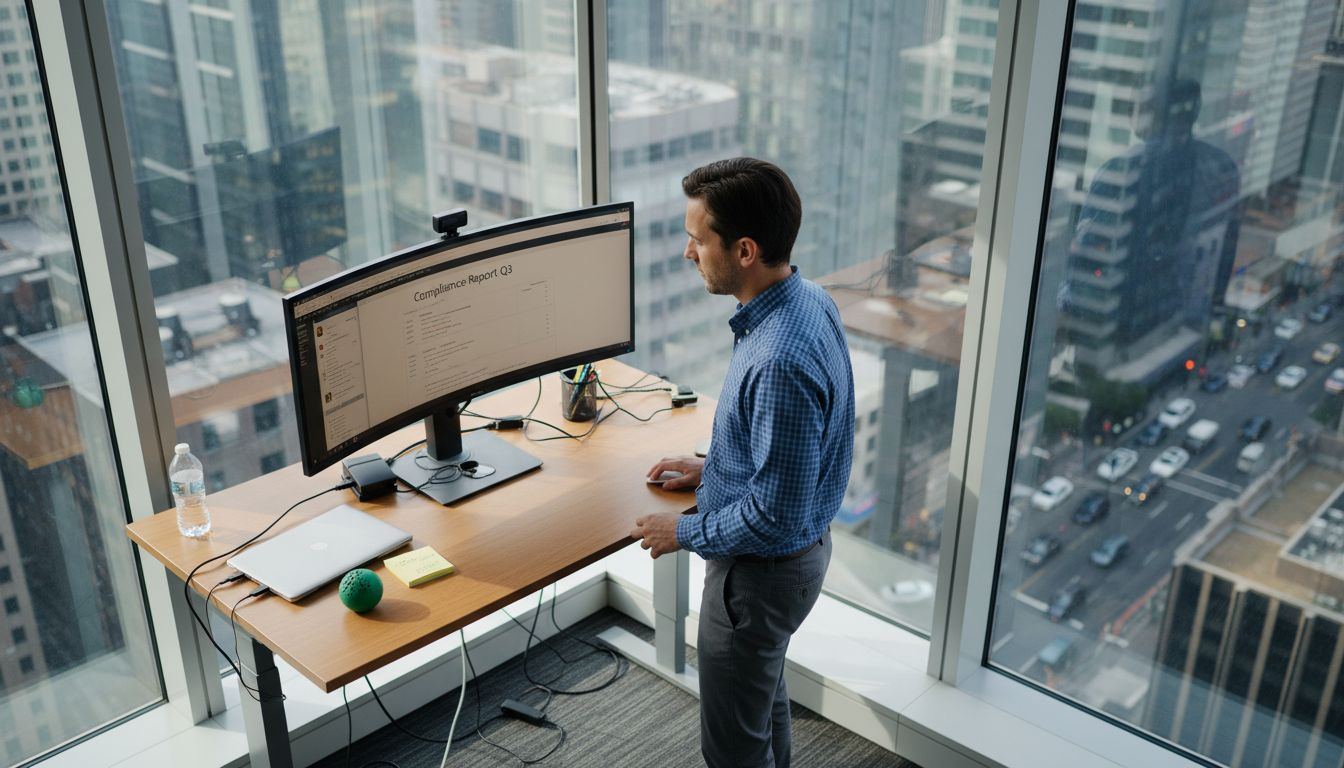 IT manager reviews cybersecurity compliance in office