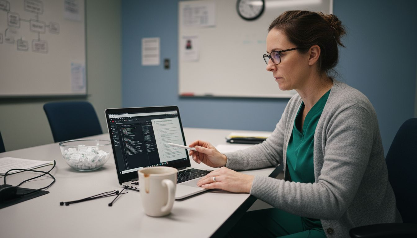 Healthcare analyst performs risk assessment at meeting table