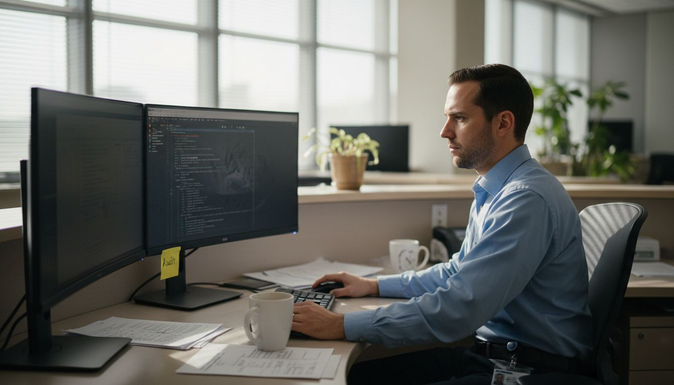 IT specialist reviewing security logs at workstation