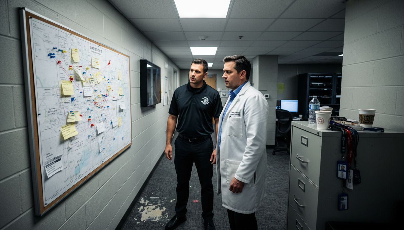 Hospital security managers examining threat map