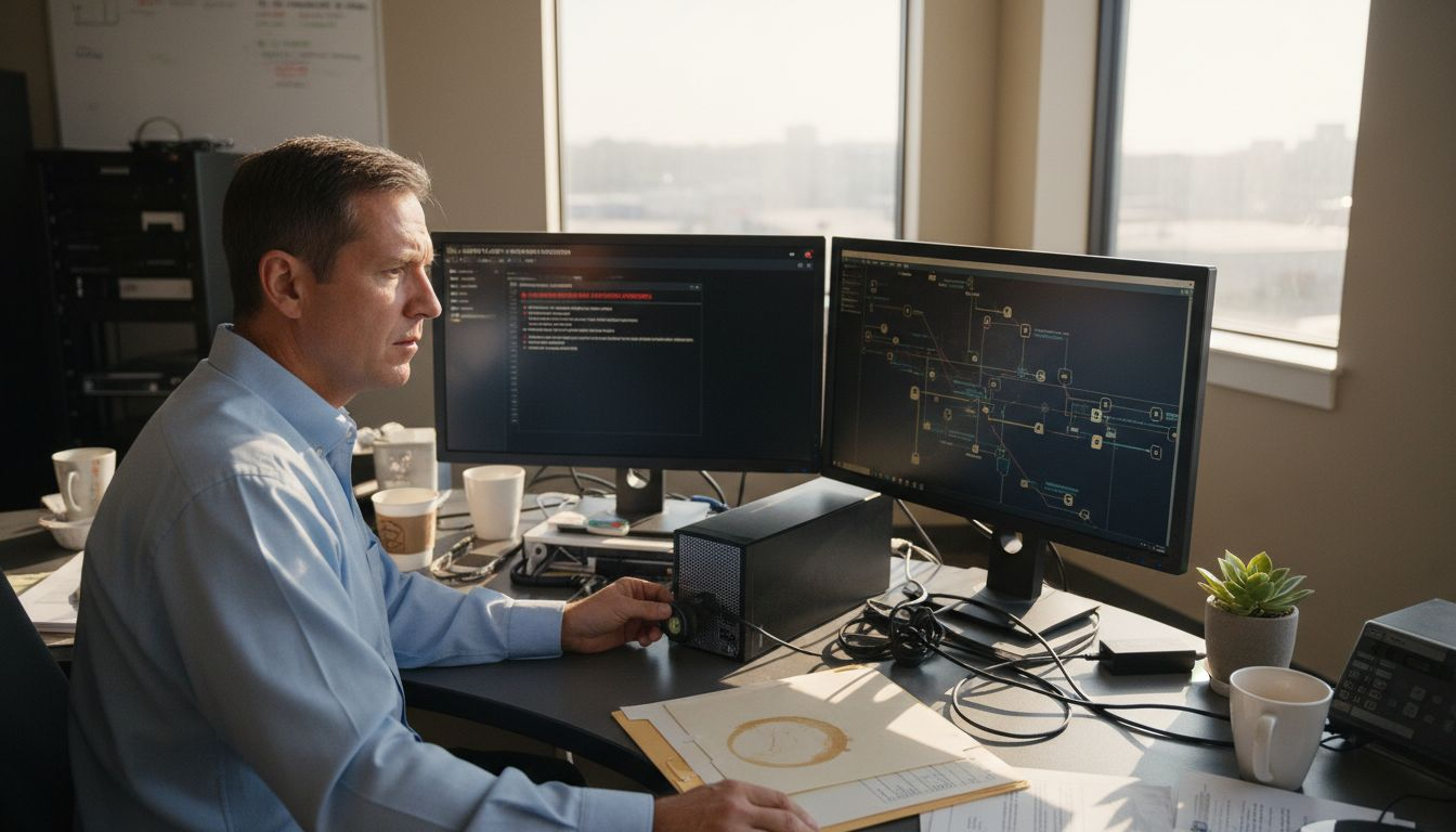 IT administrator securing patient data in office